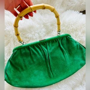 Banana Republic Green Suede Leather Shoulder Bag With Bamboo Handle